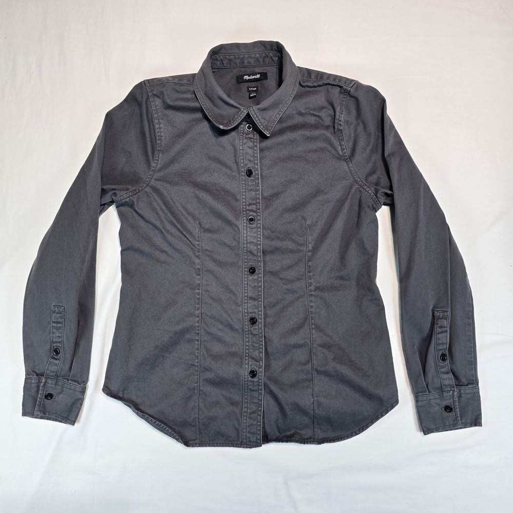 Madewell Women 4 Fitted Button Up Shirt Charcoal Gray Long Sleeve Cotton Twill
